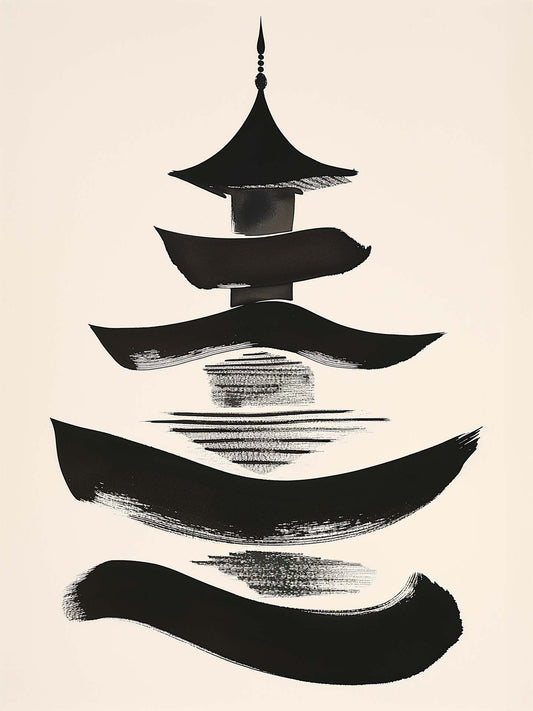 Représentation très stylisée d'une pagode japonaise - art sumi-e