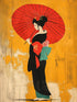 Geisha en kimono noir avec un grand parasol rouge sur fond jaune texturé.