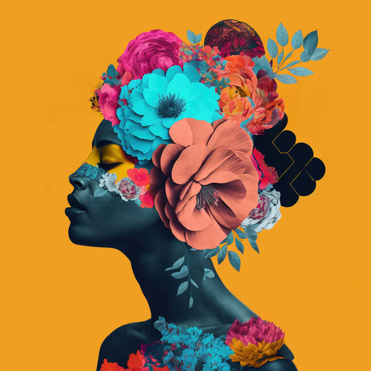 tableau avec collage surréaliste vibrant et contraste élevé avec des fleurs : une belle femme ne