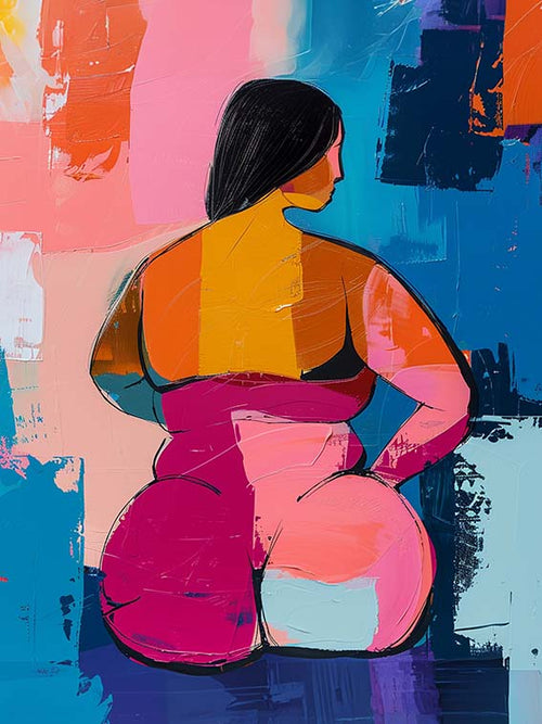 Une peinture colorée représente une femme de dos, avec des formes généreuses et blocs de couleurs vives : jaune, rose, bleu et orange. Le fond est abstrait, avec du bleu, rose et violet.