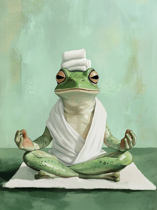 Une image détaillée du tableau lui-même, où la grenouille aux paupières mi-closes adopte une posture zen sur un tapis blanc, sur un fond vert pastel doux.