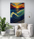 toile xxxl de la mer avec coucher de soleil inspire de l'oeuvre La cague dans un salon blanc ambiance zen et chaleureuse