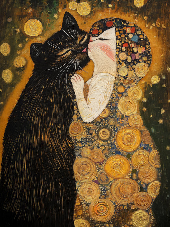 Cette image représente deux chats tendrement enlacés : un chat noir à la fourrure sombre et élégante, et un chat blanc lumineux. Leur pose est entourée de motifs dorés tourbillonnants, rappelant le style de Klimt, avec des tons chauds d'or, d'orange et de jaune, créant une ambiance romantique et artistique.