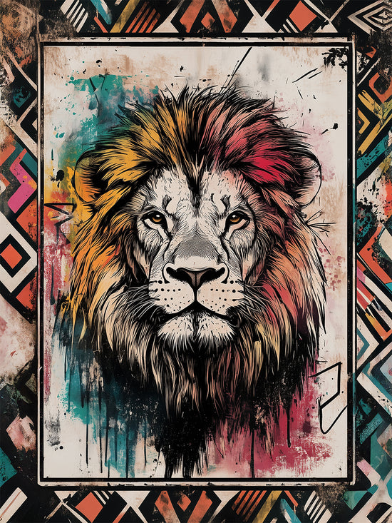 Illustration artistique d'un lion au style ethnique africain, avec des couleurs vives et un cadre graphique décoratif