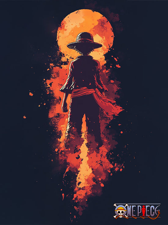 Poster One Piece intense, avec Luffy debout face à une explosion lumineuse rouge. Style peinture, parfait pour un espace gaming, bureau ou chambre geek.