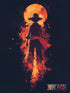 Poster One Piece intense, avec Luffy debout face à une explosion lumineuse rouge. Style peinture, parfait pour un espace gaming, bureau ou chambre geek.