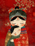 Toile représentation poupée russe enfant et maman, fond rouge floral thème chinois.
