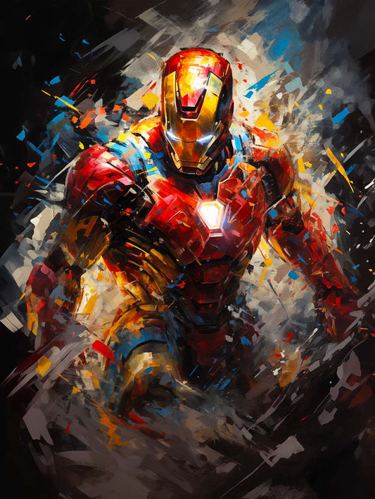 Peinture dynamique d'Iron Man, coups de pinceau expressifs.
