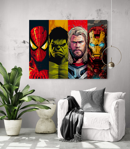 tableau avec portrait des avengers dans un salon blanc