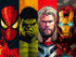 toile avec une compilation de portrait: spiderman, hulk, thor et iron man