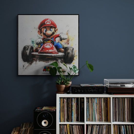 Poster de Mario dans un espace gaming rétro, décoré avec des vinyles et une ambiance vintage