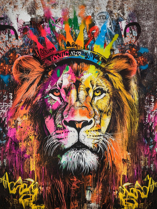 Un tableau vibrant représentant un lion coloré dans un style street art avec une couronne. Idéal pour une décoration murale moderne et audacieuse.