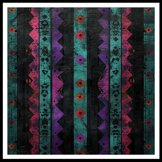 Un motif africain avec des bandes verticales de couleurs turquoise, violette, noire, et rouge, semblable à celui de la première image.