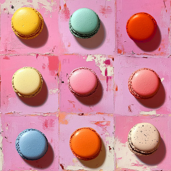 Une explosion de couleurs gourmandes avec ce tableau représentant neuf macarons aux teintes vives (jaune, bleu, rose, orange) disposés sur un fond rose texturé. Parfait pour insuffler une ambiance joyeuse et pétillante à une cuisine moderne.