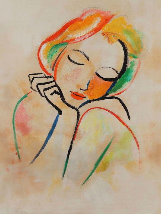 Une peinture d'une femme aux cheveux colorés et aux traits doux est réalisée avec des couleurs pastel et des lignes noires simples, montrant une expression paisible avec les yeux fermés.