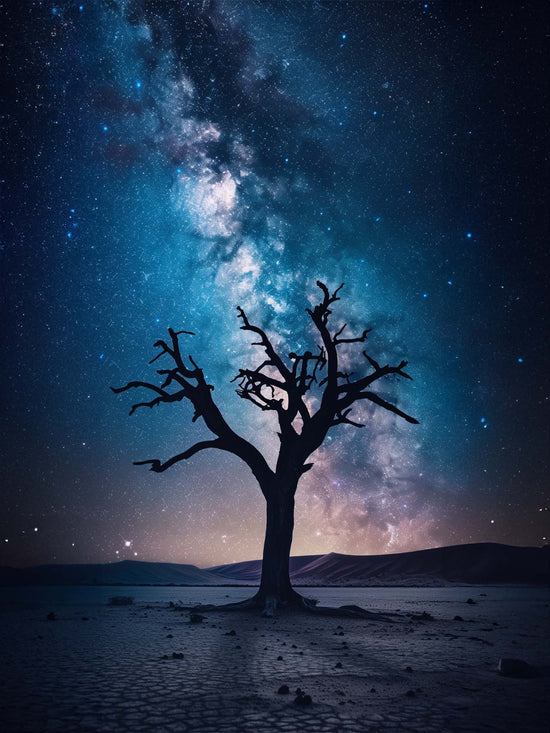 toile photographie arbre sombre sans feuilles, paysage africain, ciel nocturne étoilée.