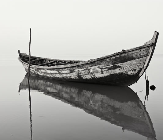 Photographie artistique d’une barque vieillie, flottant sur une eau calme avec un reflet parfait. L’ambiance minimaliste et les tons monochromes dégagent une sensation de sérénité et de nostalgie. Idéal pour une décoration murale zen et épurée.