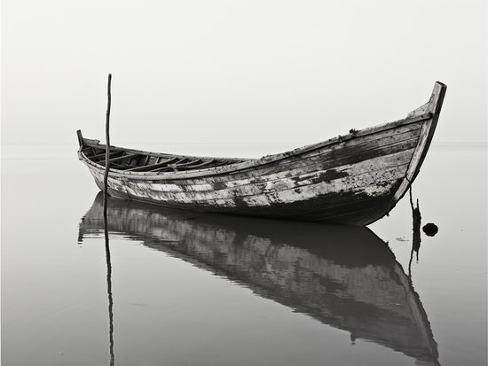 Photographie artistique d’une barque vieillie, flottant sur une eau calme avec un reflet parfait. L’ambiance minimaliste et les tons monochromes dégagent une sensation de sérénité et de nostalgie. Idéal pour une décoration murale zen et épurée.