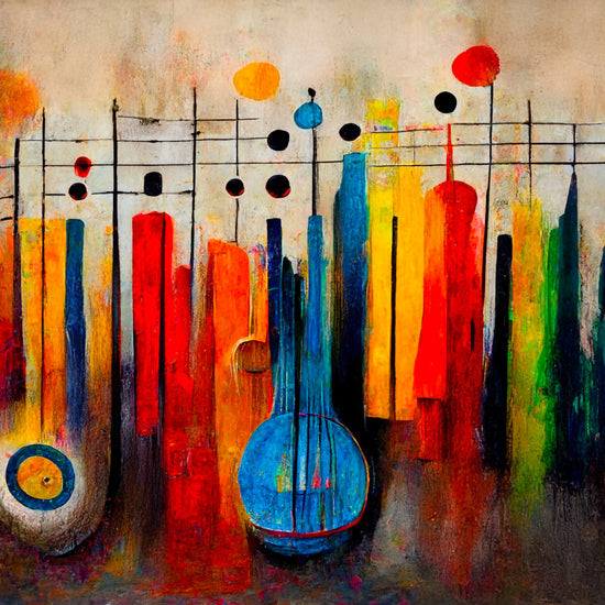 Tableau partition, un instrument à cordes bleu combiné avec une partition de musique. Une confusion qui est aussi présente entre les notes de musique et les couleurs. Un tableau multicolore, aux teintes chaudes et variés, invitant le spectateur à se laisser emporter par la chaleur de la musique