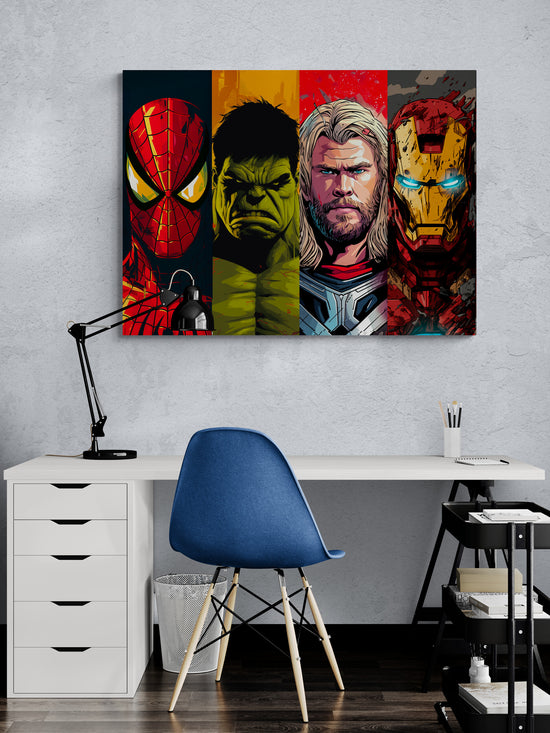 un tableau des avengers est accroché au dessus d'un bureau ikea