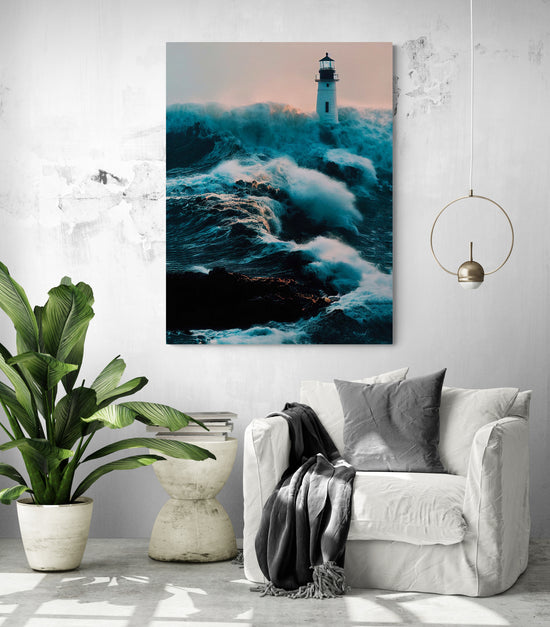 photo phare, vagues gigantesques, décoration intérieure dynamique.