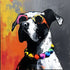 Peinture expressive d'un chien avec lunettes de soleil colorées.