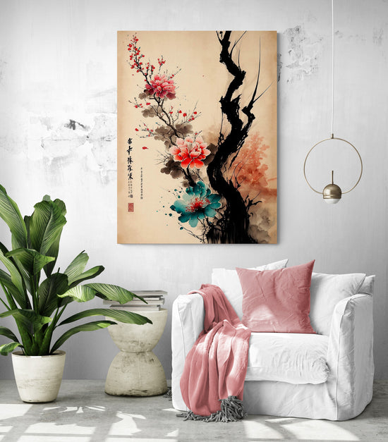 tableau pour salon, Bel art de la calligraphie japonaise, fleurs, peinture à l'encre, stylisé