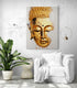 un tres grand tableau de boudhha blanc et or dans un salon blanc