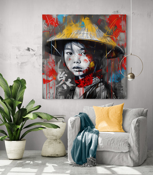 Art mural japonais et street art fusionnent dans un salon moderne