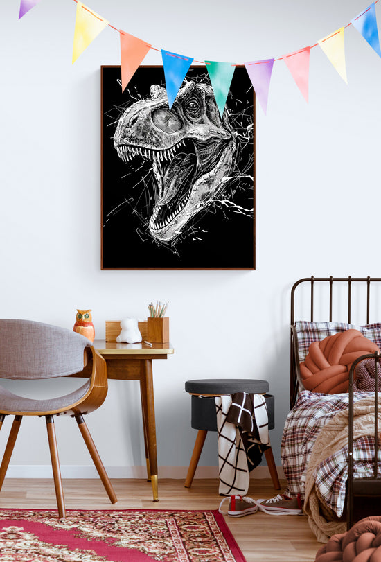 chambre d'enfant avec un poster noir et blanc de T. rex, entouré de guirlandes colorées et un lit confortable.