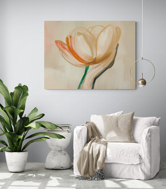 Un tableau de fleur dans une main, placé au-dessus d'un fauteuil blanc confortable dans un salon lumineux. La décoration est minimaliste avec des touches de verdure.