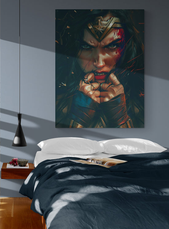 Chambre adulte, lit double avec couverture bleu, table de nuit murale, mur bleu, grande toile de super héros au dessus du lit.