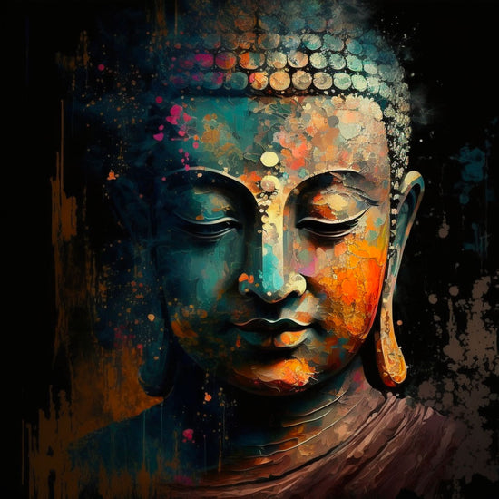 Un tableau captivant représentant le visage de Bouddha dans un style artistique coloré. Les nuances de bleu, orange et doré se fondent dans un effet texturé qui évoque la sérénité et la méditation. Idéal pour une décoration zen et apaisante.