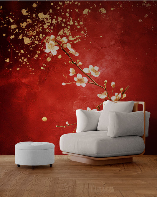 n grand fauteuil moderne, aux coussins blancs, est placé devant une tapisserie rouge ornée de fleurs blanches aux détails dorés, créant une atmosphère élégante et chaleureuse.