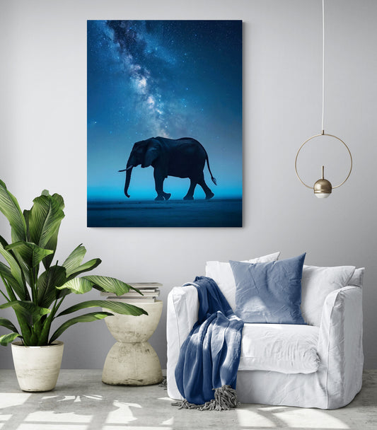 pièce de vie, fauteuil confortable blanc, coussins et plaid bleu nuit, table d'appoint moderne, grande plante verte, lampe en suspension, grand tableau éléphant.