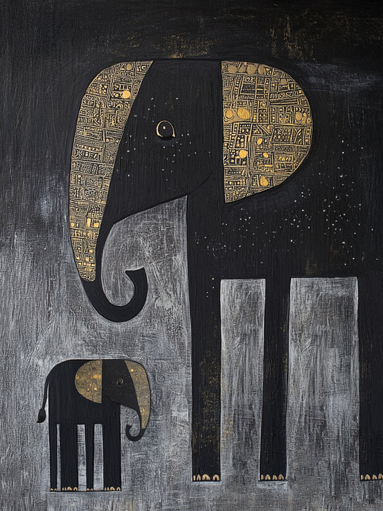 llustration artistique de deux éléphants noirs avec détails dorés sur fond texturé gris et noir.
