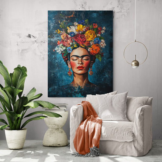 Frida Kahlo mise en valeur dans un cadre tropical. Le tableau est accompagné d'un fauteuil beige, d'un plaid orange, et d'une grande plante verte, créant une ambiance apaisante et contemporaine.