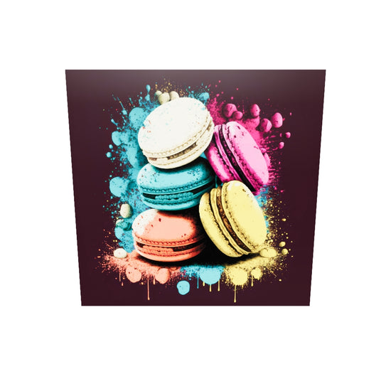 Un tableau en 3D, il tourne sur lui-même. Une illustration de avec macarons aux couleurs vives forme une pyramide. Des éclaboussures jaillissent des macarons.