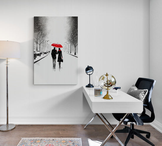 Tableau mural avec parapluie rouge symbolisant l'amour et l'espoir dans un paysage enneigé pour bureau