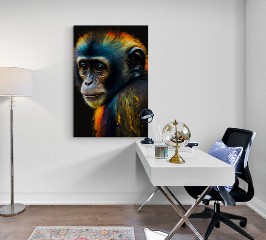 Tableau deco jeune singe au pelage en couleur, street art, dans bureau