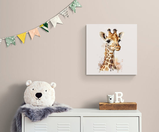 Tableau decoration bébé girafe à l'aquarelle pour chambre enfant