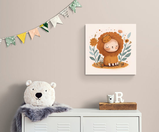 Tableau mural enfant déguisé en lion, marron pour chambre bébé