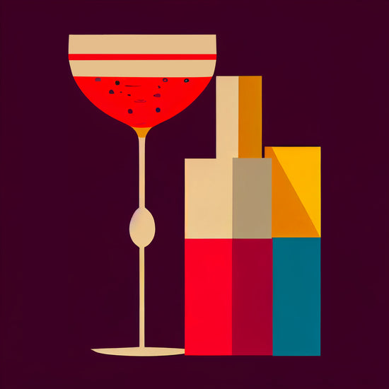 Un tableau pour la cuisine avec une illustration géométrique coloré d'une bouteille et d'un verre de cocktail.
