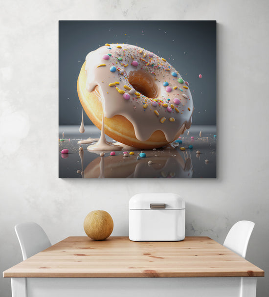 Grand tableau pour cuisine d'un donut moelleux et fondants. On imagine sa saveur légèrement fruitée et sucré. Le glaçage couleur neige recouvre ce délicieux gâteau léger et crémeux. Des toppings multicolores font office de paillettes et viennent offrir une jolie touche esthétique à ce délice.