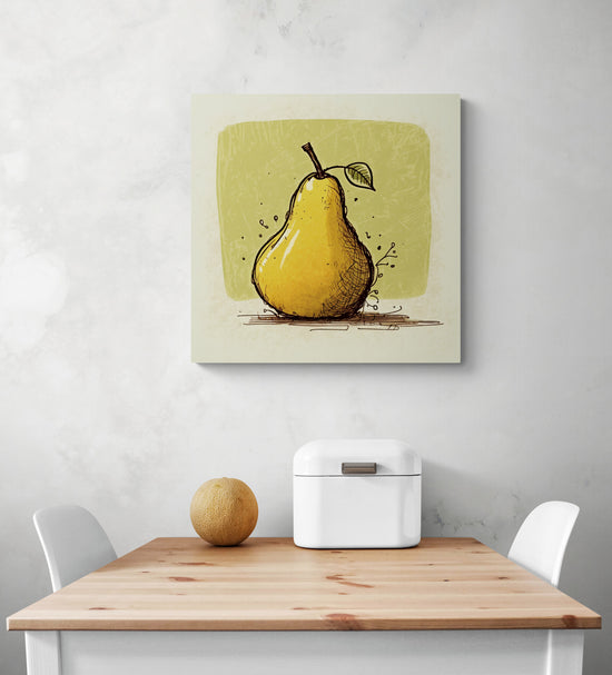 Impressions sur toile de taille moyenne dans une cuisine, le griffonnage d'une poire jaune. Un travail minutieux des couleurs et de progression habile des dégradés qui révèlent un véritable talent. La poire jaune occupe une place de choix dans ce tableau au fond beige et vert