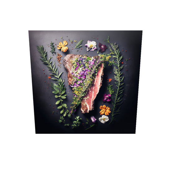 Tableaux photo sur plexiglas, pour cuisine, d'un steak juteux et parfaitement cuit et doré d'un côté, et la viande fraîche et crue de l'autre. Entouré de fleurs et d'épices colorées pour accompagner cette pièce de choix. Sur fond noir pour mettre en valeur ce mets appétissant