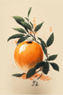 tableau fruit, une orange avec une petite feuille, simple, couleur unie, style encre de Chine