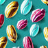 Tableau de plusieurs cacaos colorés peinte, dans les tons bleu ciel, rose et jaune. Style Nathalie Lété. Le fond est en papier conqueror ajoute une touche de sophistication à cette œuvre.