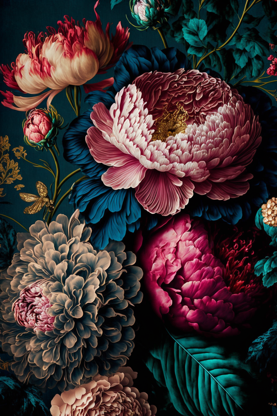 tableau pivoine style baroque et ambiance dramatique