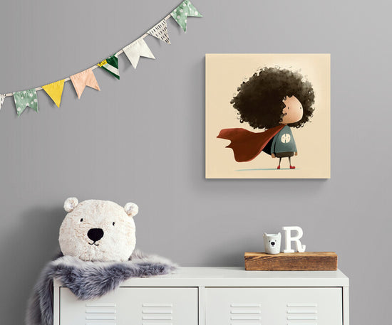 Tableau de decoration pour chambre de petit garçon, un enfant en super héros et cap rouge